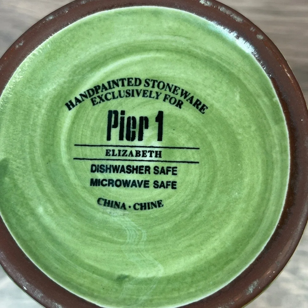 Pier 1 Elizabeth 16oz Coffee Tea‎ Mug Green Yellow Handpainted Floral Stoneware